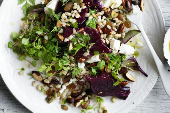 Photograph by William Meppem (GW food - july 30) Neil Perry recipe : Pickled beets with pearl barley, pepitas, feta and almonds