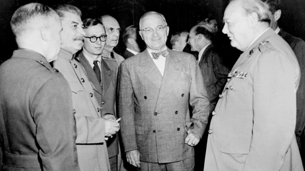 US President Harry Truman, centre, with Joseph Stalin, left, and Winston Churchill, right, in 1945. 