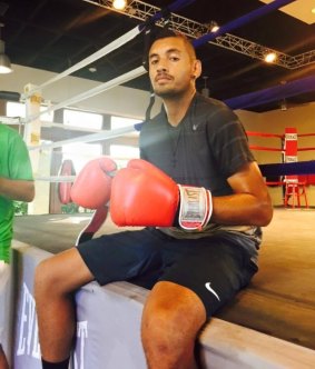 Kyrgios boxing with his trainer Matt James at Lleyton Hewitt's Bahamas property. 