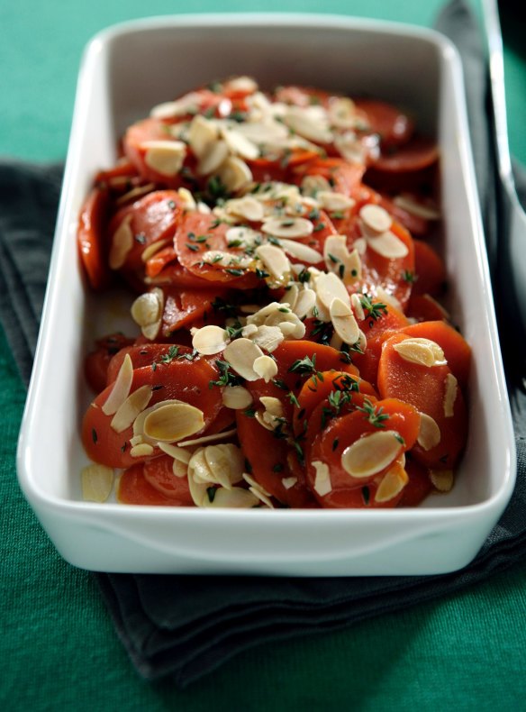Honey glazed carrots with flaked almonds and thyme.