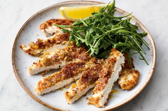 Jamie Oliver's crispy garlicky chicken with lemony rocket.