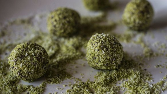 Avocado adds to the green colour of these matcha bliss balls 