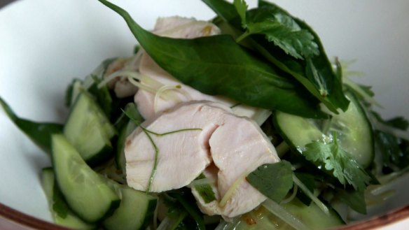 Coconut poached chicken, Thai herbs and chilli-lime dressing.