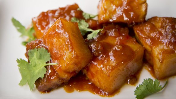 Miso-braised pork belly cubes.