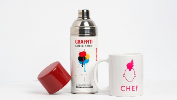 Graffiti cocktail shaker and coffee cup.