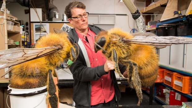 Richard Taylor with two foam bees under construction at Wellington's Weta Workshop. 