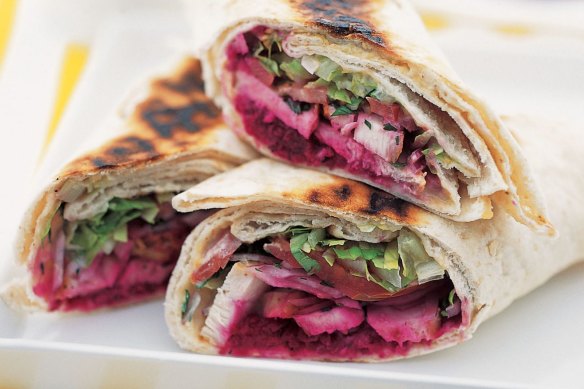 Recipe image for goodfood.com.au. Lebanese chargrilled chicken wrap (Murdoch Books).