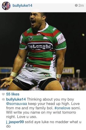 Sticking by his mate: Issac Luke’s Instagram support for Auva’a.
