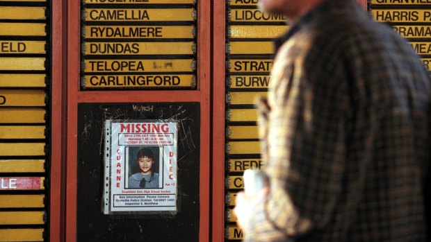 A poster of missing school girl Quanne Diec at a Sydney train station in 1998.