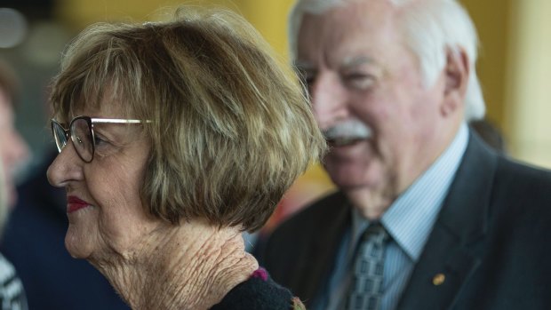 Margaret Court and Barry Court at the funeral service for Betty Cuthbert at the Mandurah Performing Arts Centre.