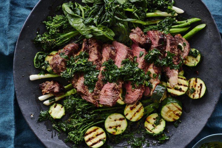 Adam Liaw's steak with barbecued greens.