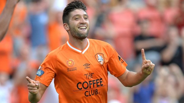 Brandon Borrello celebrates after scoring a goal during the round 20 A-League match between the Brisbane Roar and the Western Sydney Wanderers at Suncorp Stadium.