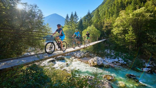 Cycling across the Soca, Slovenia. 