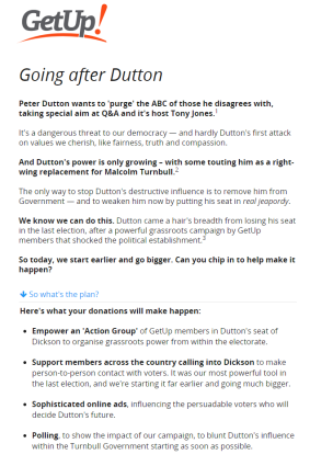 A page on the GetUp website declaring war on Peter Dutton in his seat of Dickson.