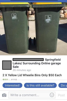 Council bins illegally listed for sale on Facebook buy, swap, sell page.