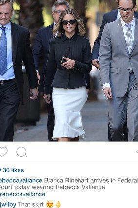 PHOTO shows Bianca Rinehart Instagram pic about her dress worn to Federal Court earlier this week for Mark Hawthorne story Pub date 3rd May 2015 THE SUNDAY AGE NEWS
