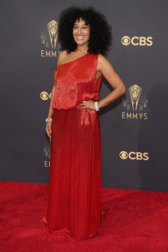 Tracee Ellis Ross arrives at the 73rd Primetime Emmy Awards wearing Valentino FW21 Couture.
