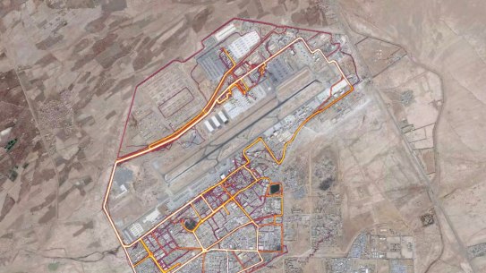 A portion of the Strava Labs heat map from Kandahar Airfield in Afghanistan, made by tracking activities.  