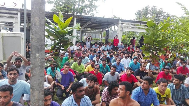 A supplied image of refugees and asylum seekers protesting at the Manus Island centre on November 11.