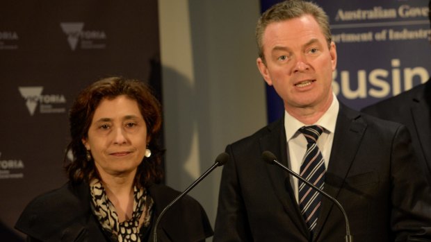 Industry minister Christopher Pyne  with Victorian industry minister Lily D'Ambrosio on a visit to Trajan Scientific and Medical Australia which has received government funding to support advanced manufacturing and transition away from auto manufacturing.