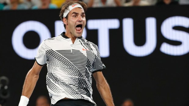 "Career milestone": Roger Federer celebrates his win over Kei Nishikori.