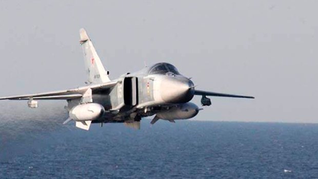In a 2016 incident, a Russian Su-24 aircraft makes a low altitude pass by the USS Donald Cook in the Baltic Sea.