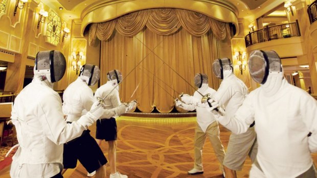 Fencing lessons in Cunard's elegant Queens Room.