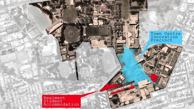 A diagram showing the proximity of the university (top) to the proposed development. 