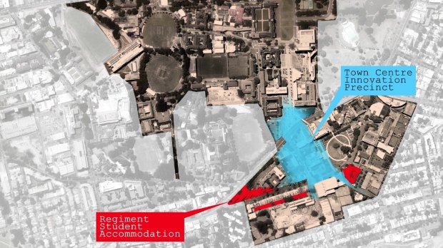 A diagram showing the proximity of the university (top) to the proposed development. 