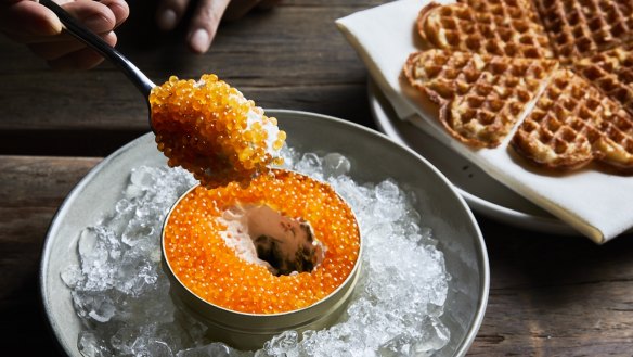 The signature snack might be waffles with trout roe and smoked sour cream.
