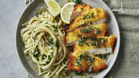 Crumbed chicken with herb and garlic butter pasta. 