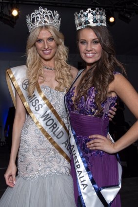 Miss World Australlia 2014 Courtney Thorpe (right), with 2013 winner Erin Holland.