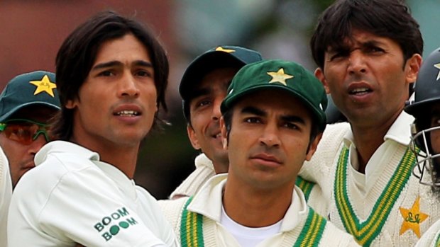 Cricketers Salman Butt (centre), Mohammad Asif (right) and Mohammad Amir (left).