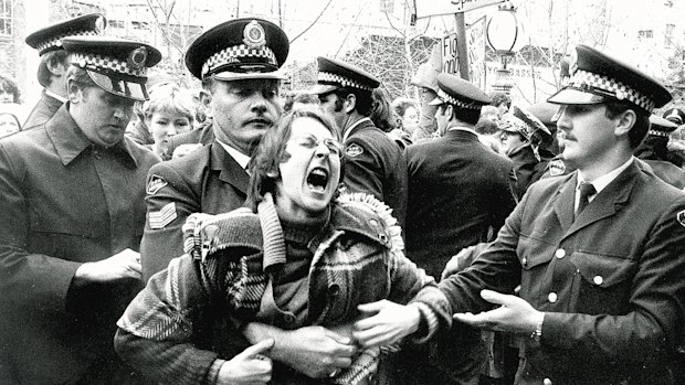 The scene outside the Central Court of Petty Sessions in Sydney where gay and lesbians demonstrated in 1978.