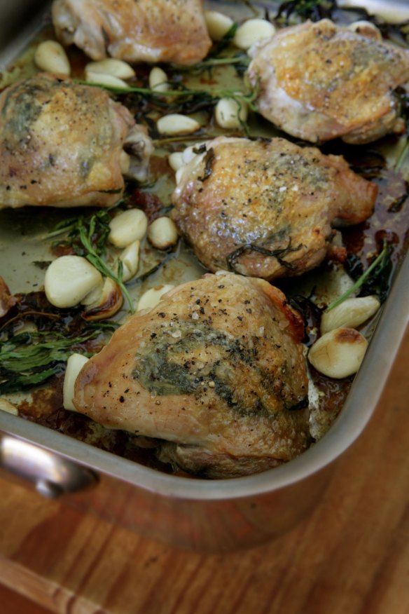 Roast chicken thighs with tarragon and garlic