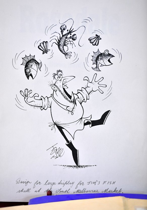 A cartoon by Vane Lindesay of fishmonger Jim Hadlow which gained him free fish for months.