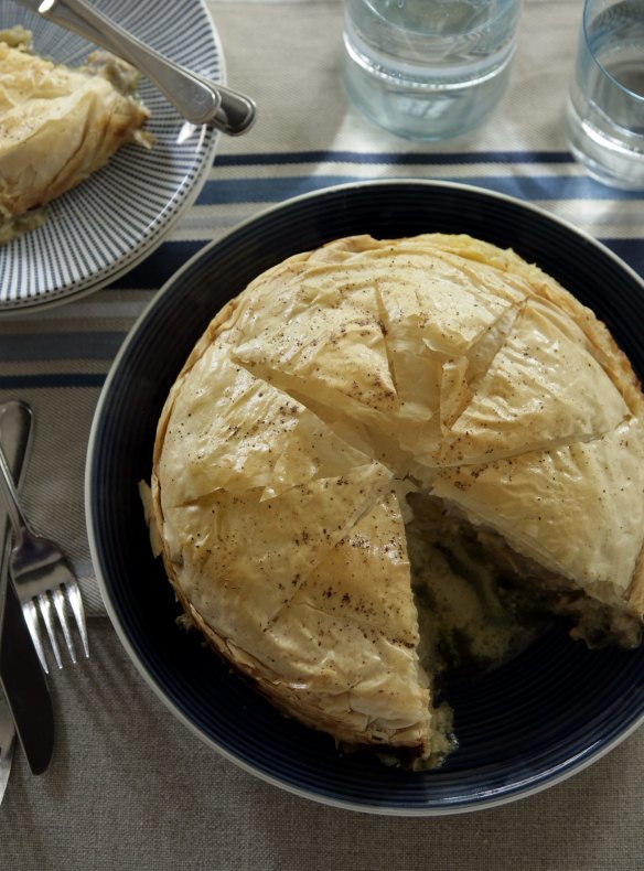 Chicken pie with flaky filo pastry.