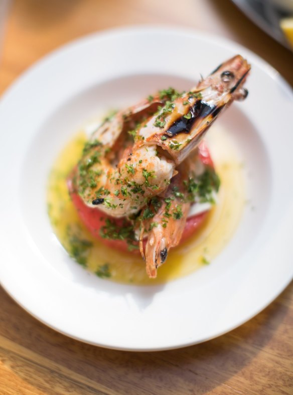 Grilled prawns with watermelon, feta and mint.