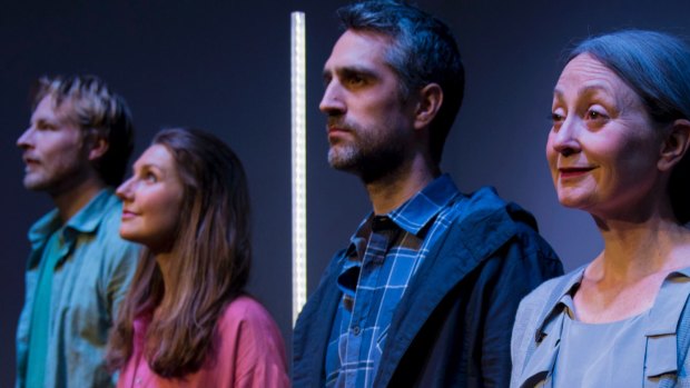 George Lingard, Ella Caldwell, Phil Hayden and Caroline Lee in Tom Holloway's Sunshine. The four characters are ultimately connected by the events of one evening.