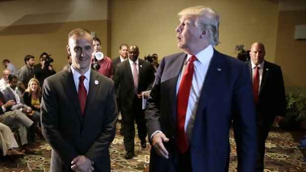 Republican presidential candidate Donald Trump, right, with his campaign manager Corey Lewandowski in Dubuque, Iowa in August.