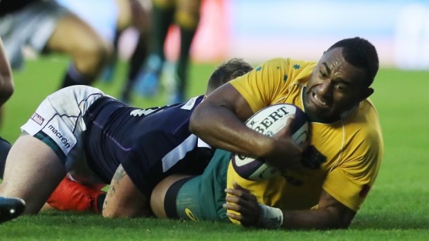 Error erased: Tevita Kuridrani scores the try to win the game for the Wallabies against Scotland.
