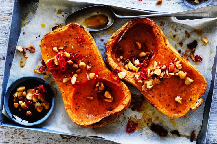 Adam Liaw's roast pumpkin with macadamia and chilli.