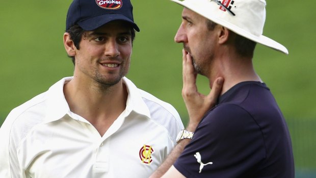 Jibe: Jason Gillespie with England captain Alastair Cook in March.