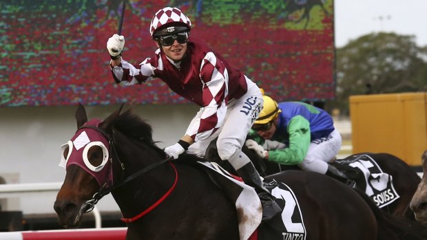 Tragic death: Tim Bell riding Tinto to win the Queensland Oaks in 2014.