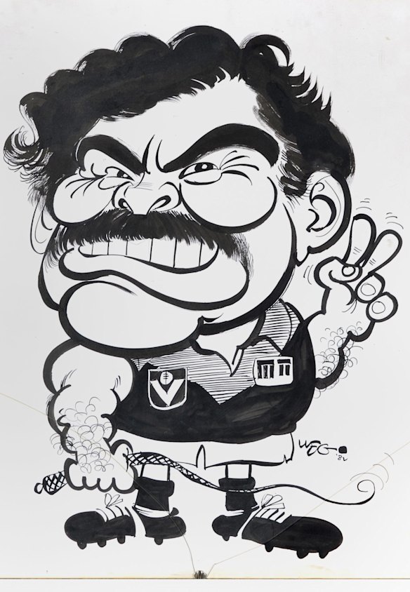 An original WEG cartoon of Ron Barassi, signed 'WEG `82'. Estimate: $1200-$1800.