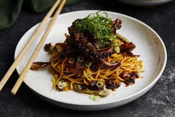 Char-grilled octopus chow mein with house-made XO at Laurus.
