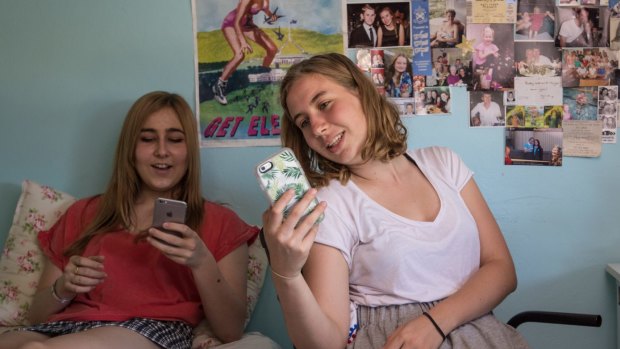 Year 12 student Ruby Leonard from Bellevue Hill, right, chats to her friend Arielle Balyck. Like many teenagers, Ruby struggles with juggling school work, co-curricular activities, friends and sleep.