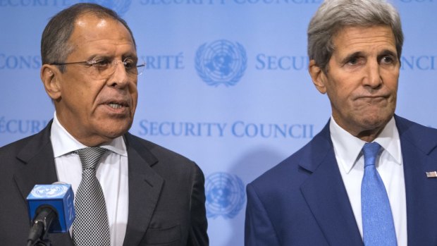 Russian Foreign Minister Sergei Lavrov (left) speaks during a news conference with US Secretary of State John Kerry at the UN.