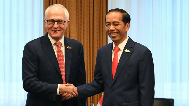 Australian Prime Minister Malcolm Turnbull  with Indonesian President Joko Widodo.  The two leaders have committed to reaching a free-trade deal by the end of the year.