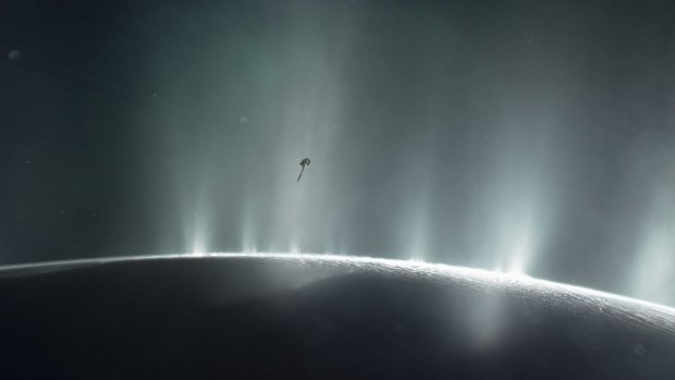 This illustration shows Cassini diving through the Enceladus plume in 2015.